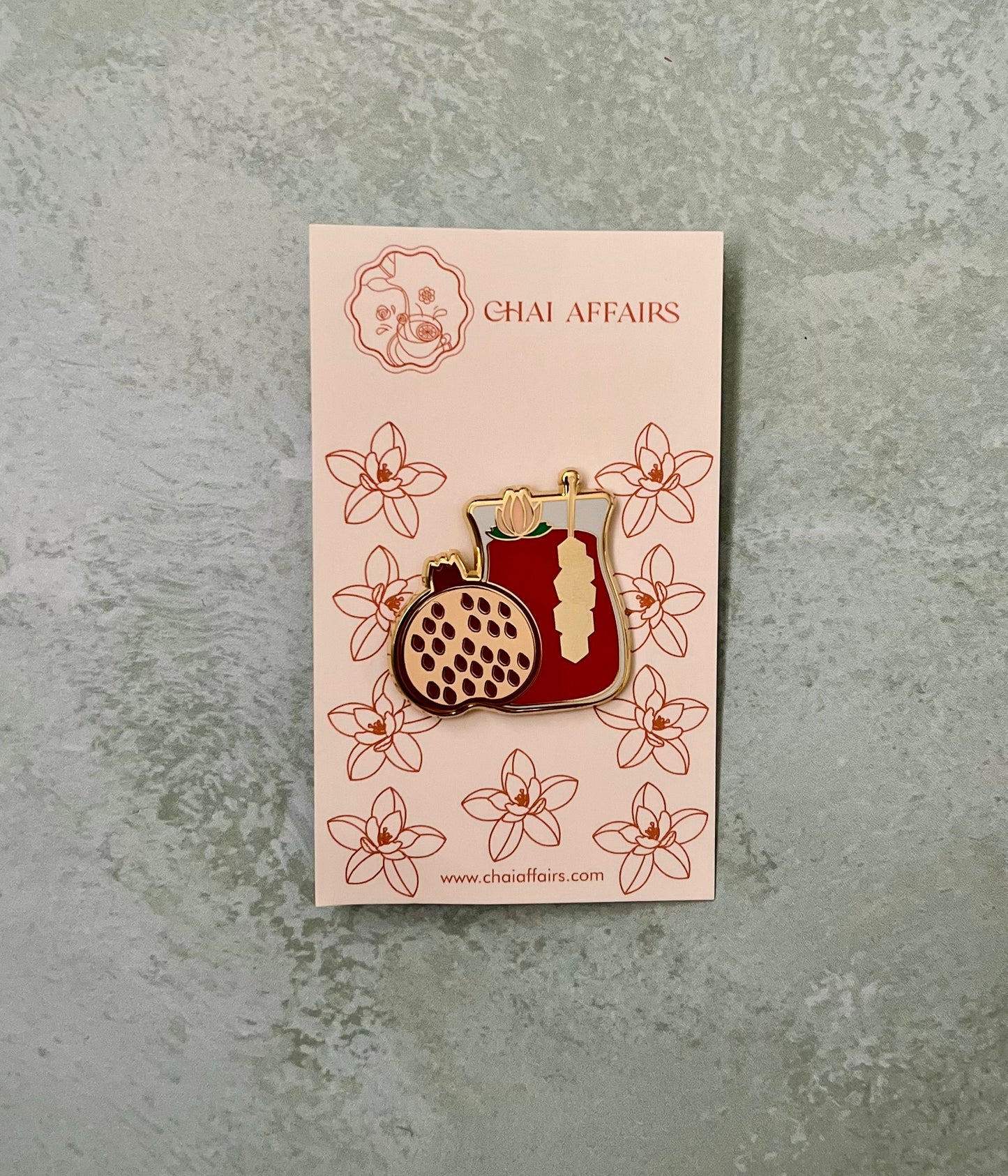 Enamel Pin - Tea cup with Pomegranate, Rock Candy, and Rose Buds
