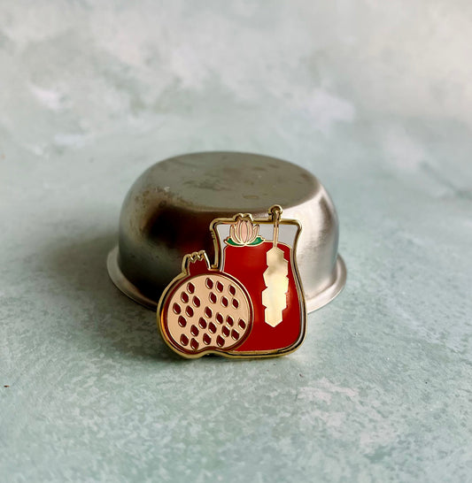 Enamel Pin - Tea cup with Pomegranate, Rock Candy, and Rose Buds